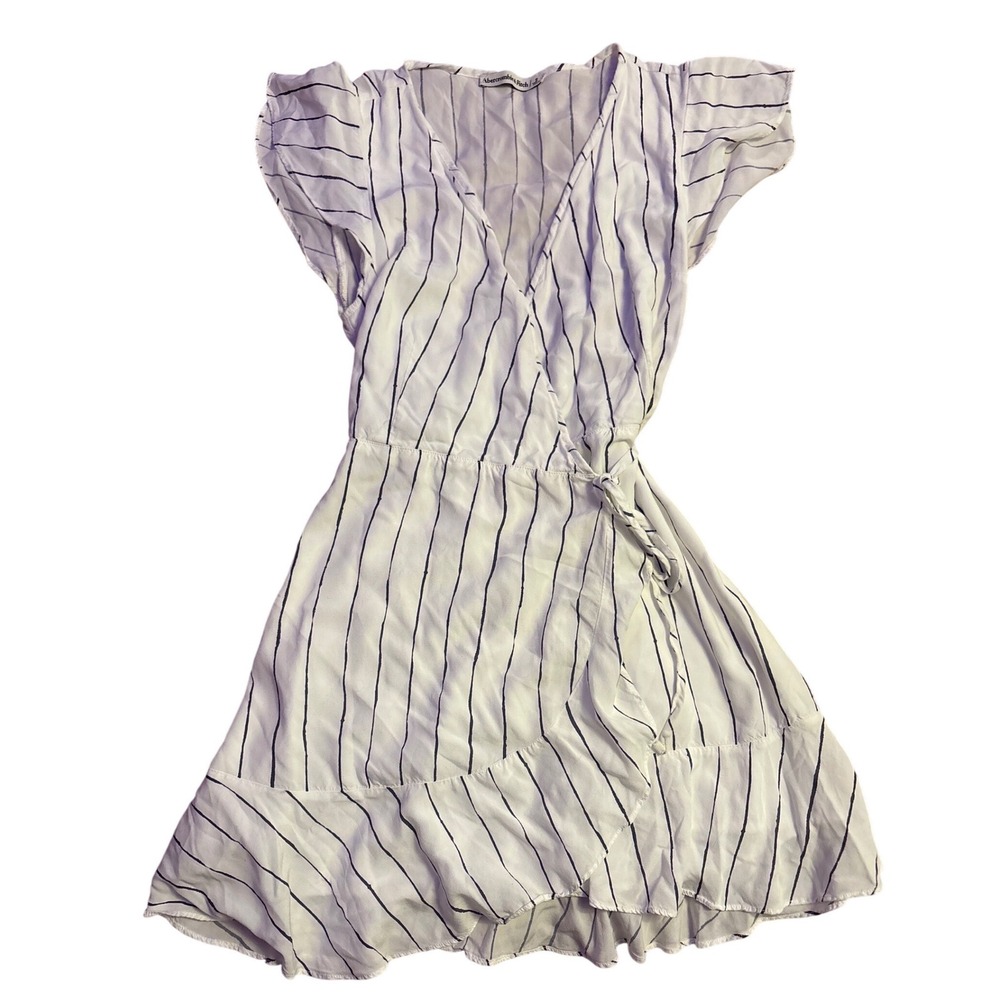 Abercrombie & Fitch Womens White Striped Wrap Dress Short Sleeve Ruffle Hem, S